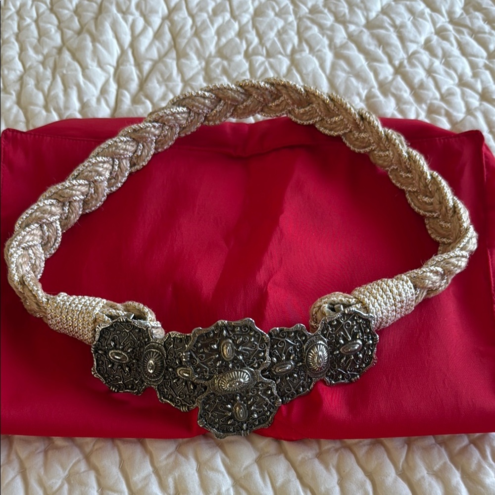 Vintage 80s ornate metal buckle and braided twine belt - Small